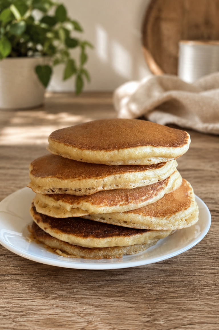 a stack of sourdough discard pancakes on a white plate, on wooden table with a plant in the background