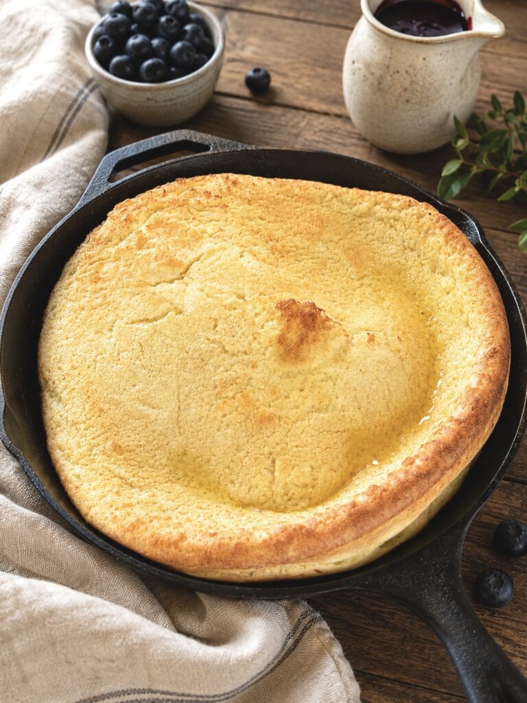 a sourdough dutch baby in a cast iron pan, on a wooden table with berries and a linen cloth around it