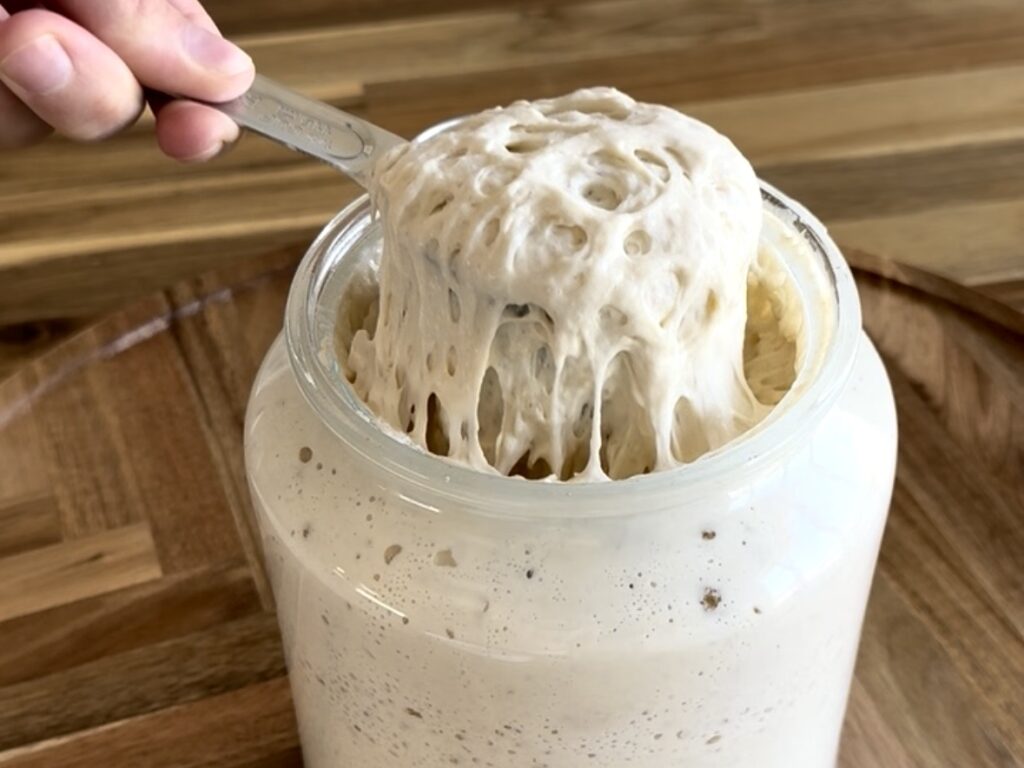 a scoop of sourdough starter coming out of a jar before a feeding.