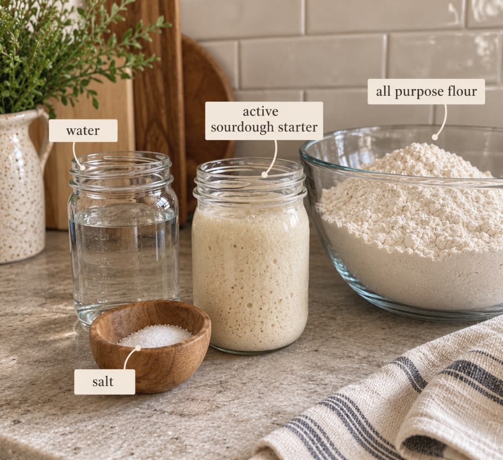 a photo of all the ingredients needed to make sourdough bagels. All in jars on a countertop.