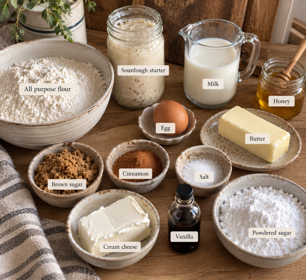 a photo of all the ingredients for sourdough cinnamon rolls. Each ingredient is in a bowl or plate on a wooden table with a linen cloth on the left side
