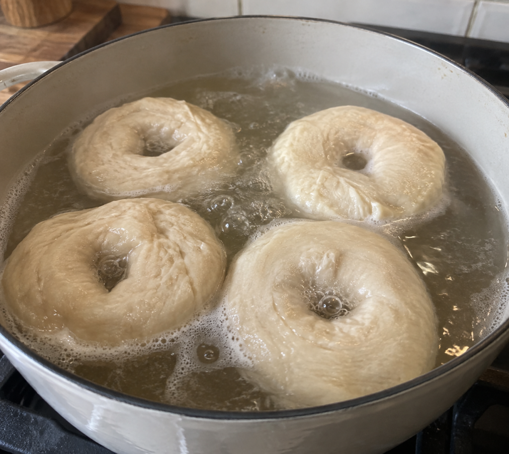 a pot of water on a stove, boiling bagels before baking
