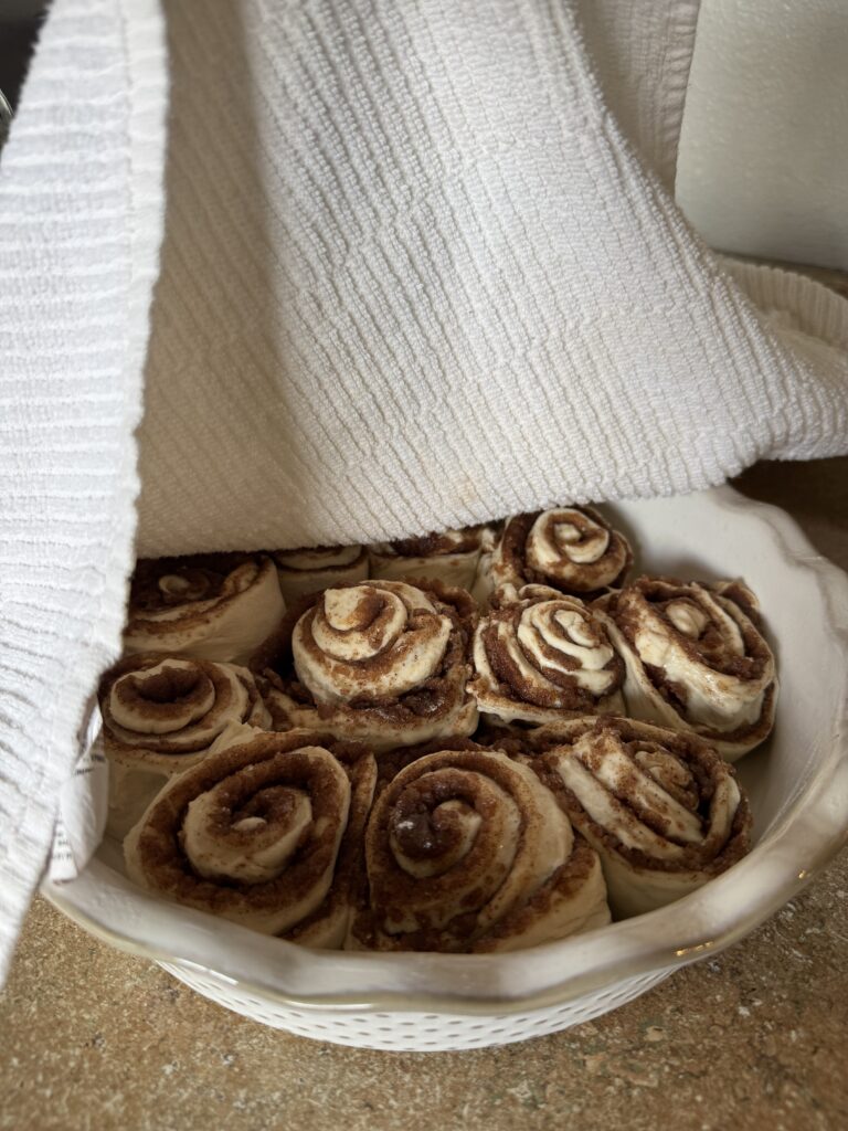 a pan of cinnamon rolls, rising before baking.