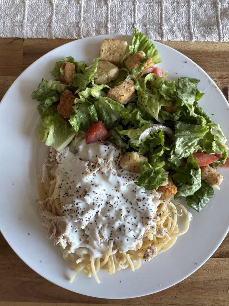 a plate of Alfredo sauce on noodles with a side of salad