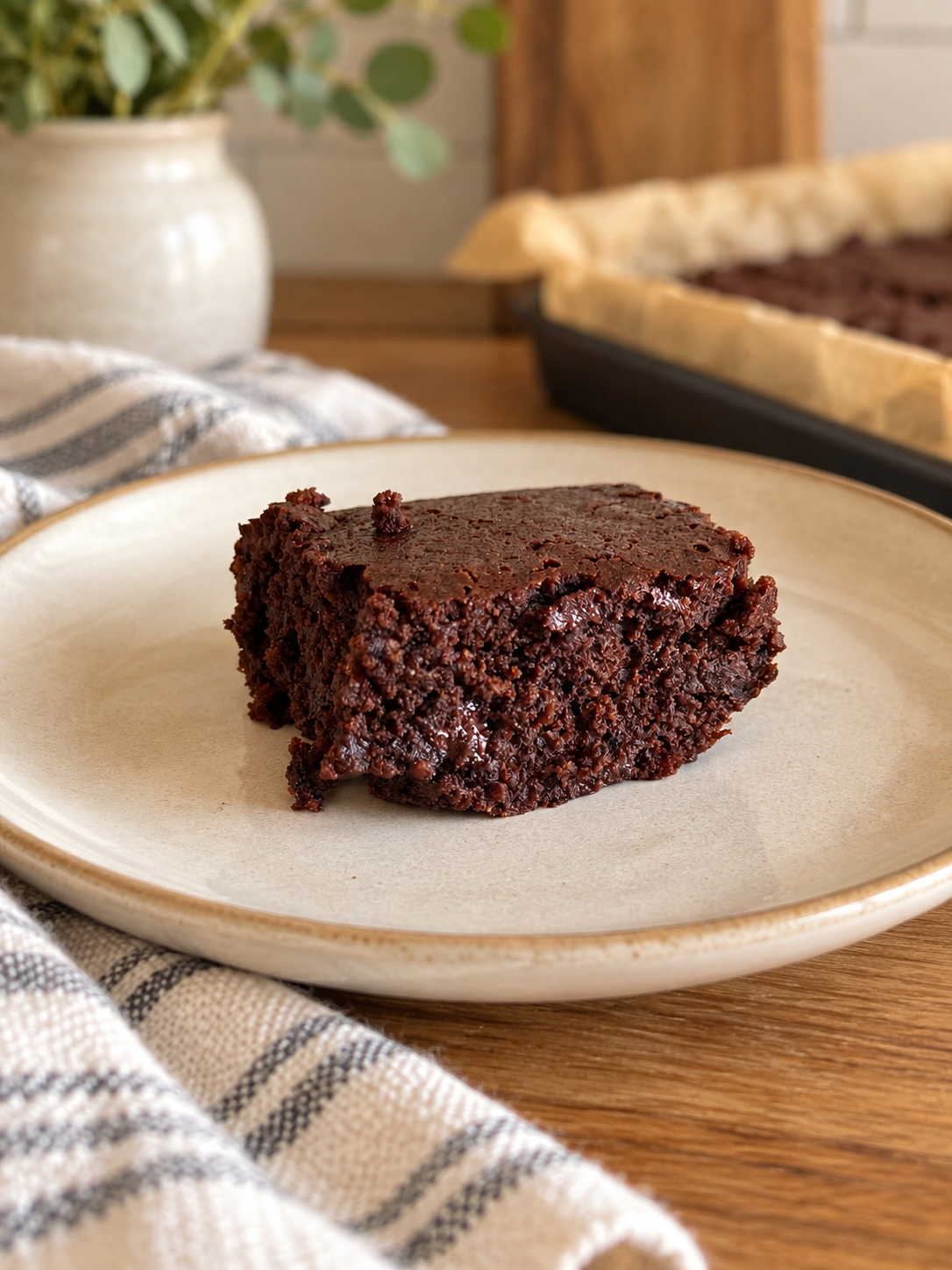 a plate on a table with a brownie slice on it and a pan of brownies in the background with a tea towel and plant in the background