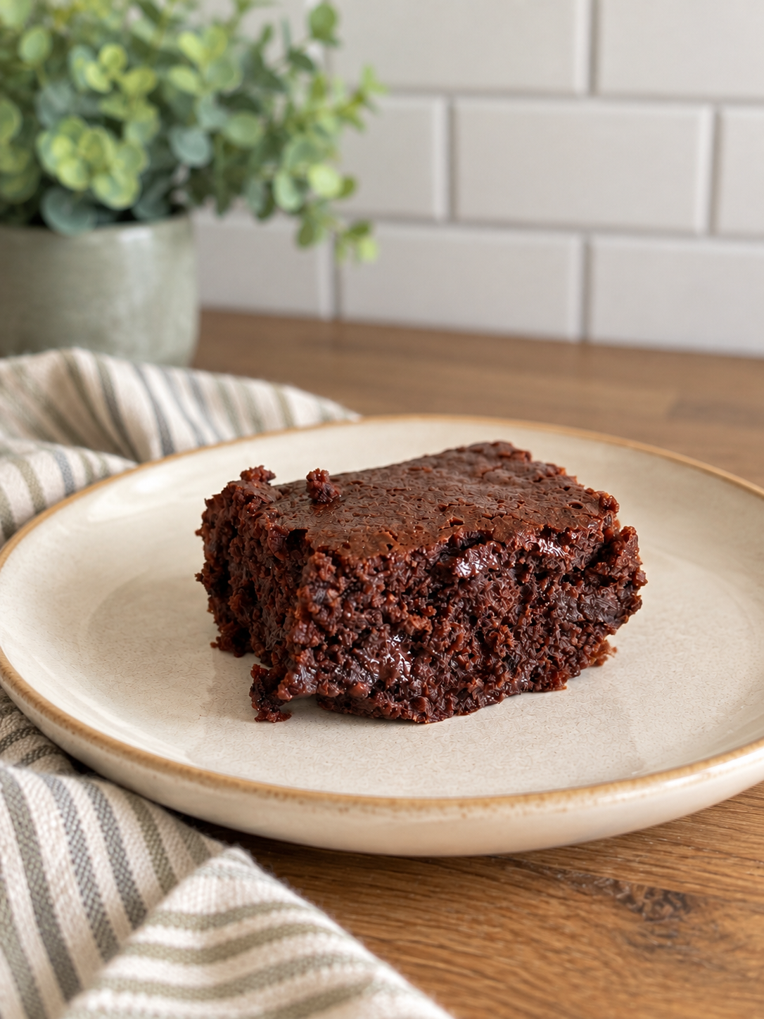 plate with a brownie slice on it, on a wooden table with a towel and plant in the background and foreground