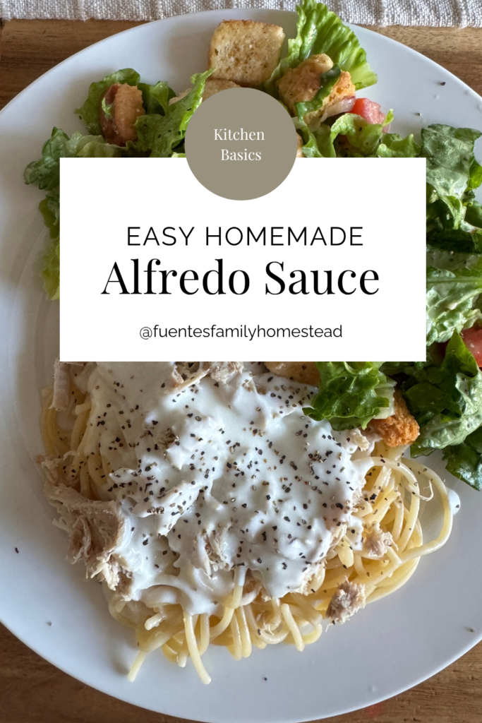 pinterest pin with Alfredo sauce photo and text