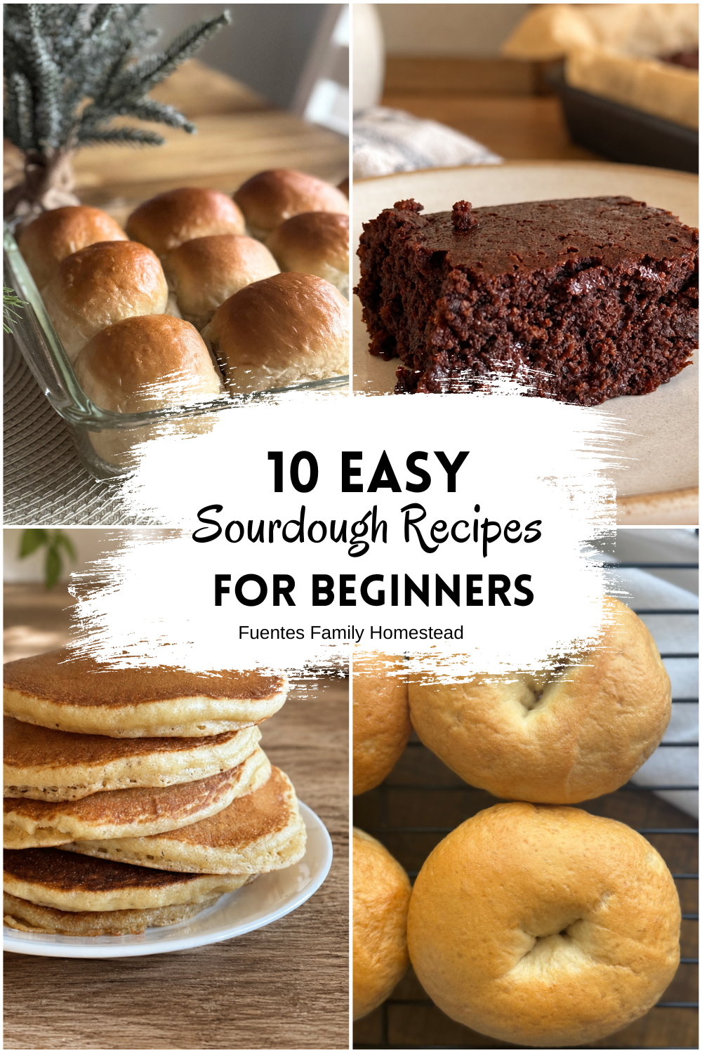 a collage of four sourdough baked goods photos with a title in the middle